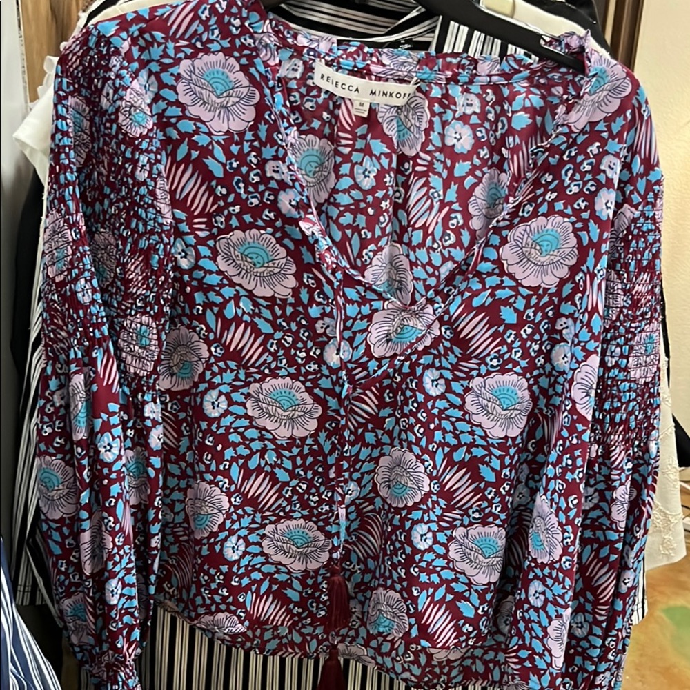 Rebecca Minkoff Blue and Red Graphic Tie Front Blouse